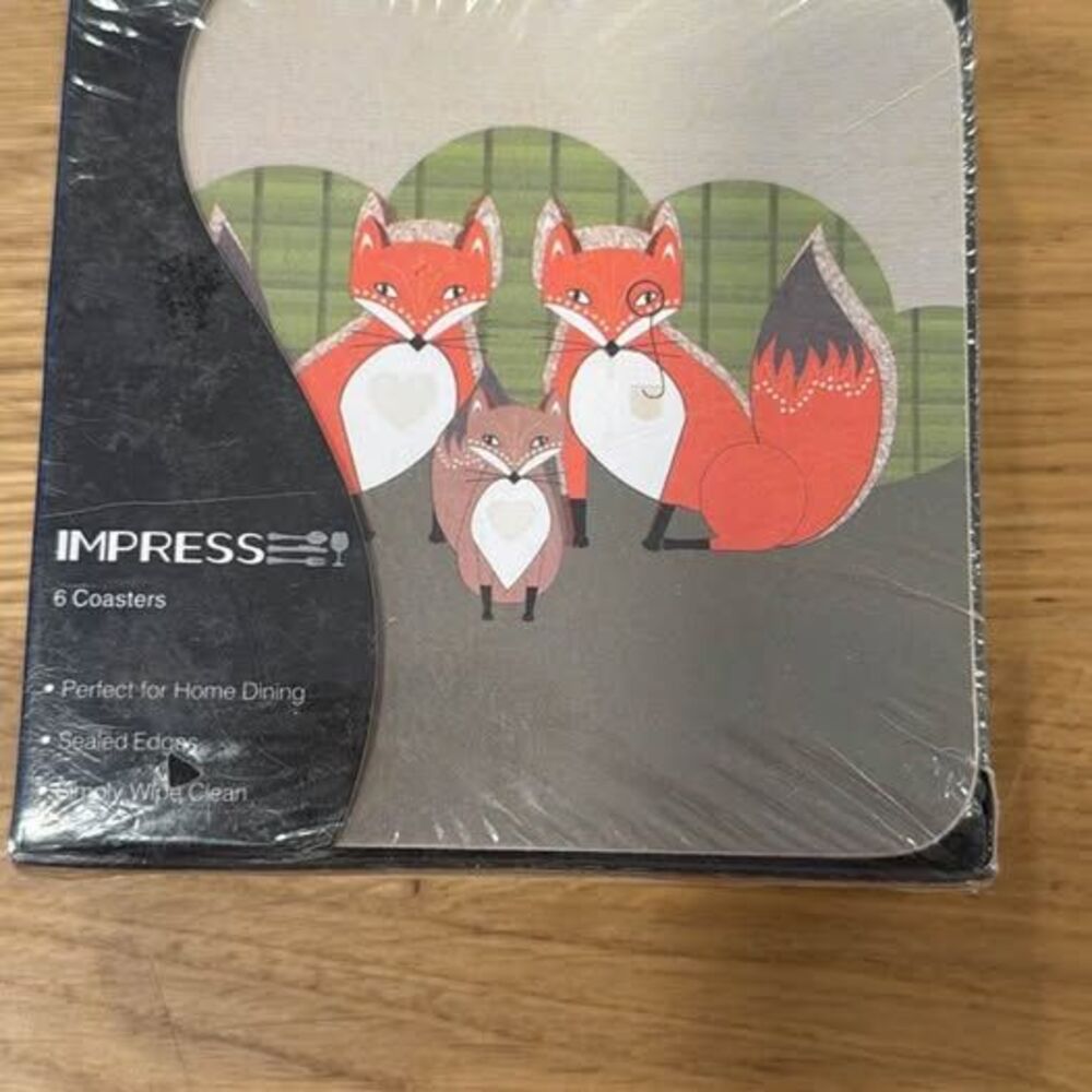 🦊 Impress Fox Coasters Set of 6 Sealed Edges Wipe Clean Brand New in Box